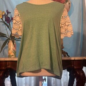 Umgee Green Top with Cream Lace Sleeves